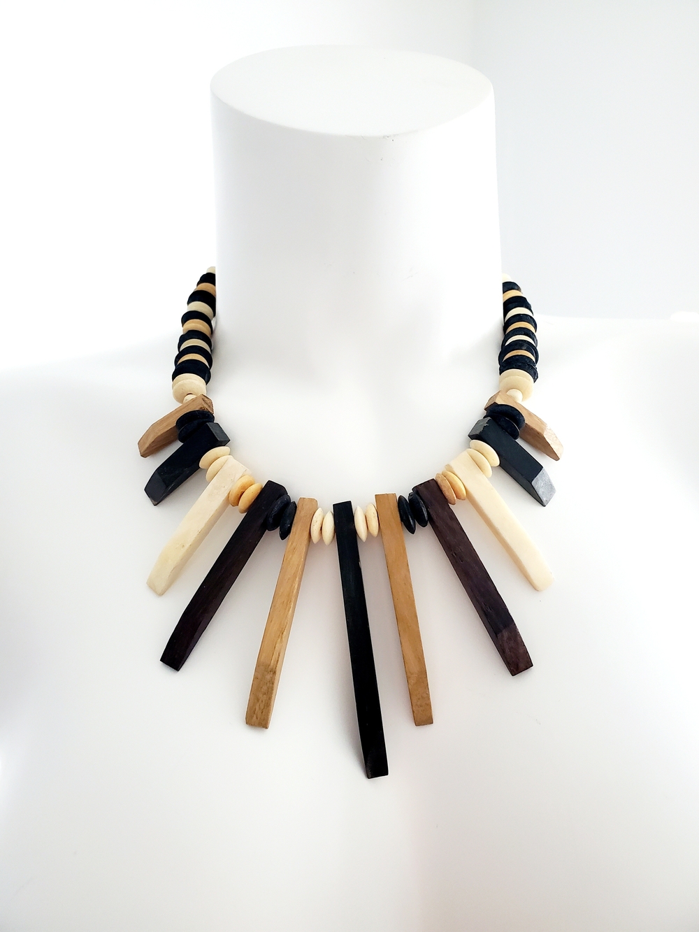 Handcrafted Neutral Wood Spike Necklace - Women Jewelry